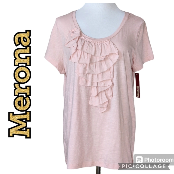 BLOUSE Top MERONA Blush Ruffled Short Sleeves Soft T-Shirt  Type Fabric Sz XXL - Picture 1 of 8
